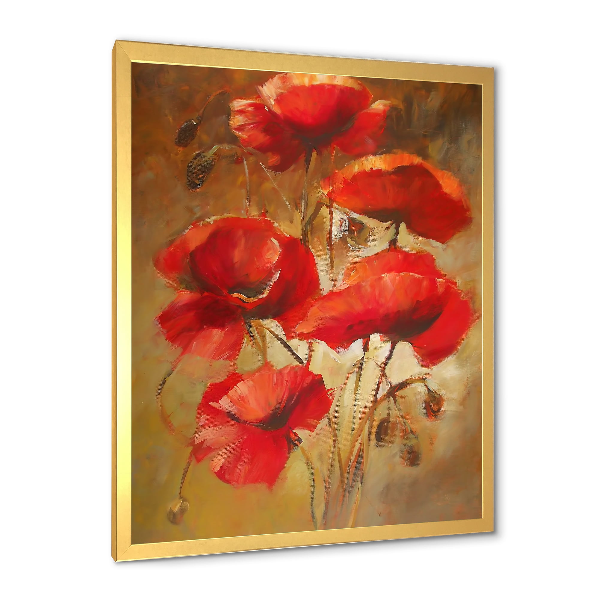 Designart 'Red Blossoming Poppies Over Wild Brown I' Traditional Framed Art Print