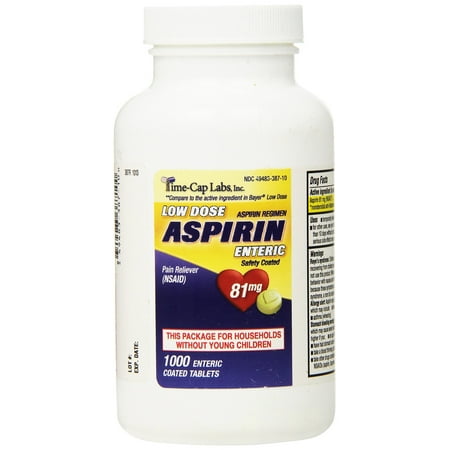 Time Cap Labs Aspirin Adult Low Dose Enteric Coated Generic for Bayer, 81 mg, 1000 Tablets per