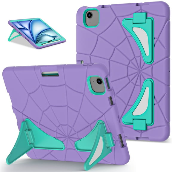 Allytechgroup iPad Pro 11 2024 Case, Cute Stylish Design Kids Friendly Rugged Kickstand Lightweight Silicone PC Case with Pencil Holder for Apple iPad Pro 11 Inch 2024, Purple Green