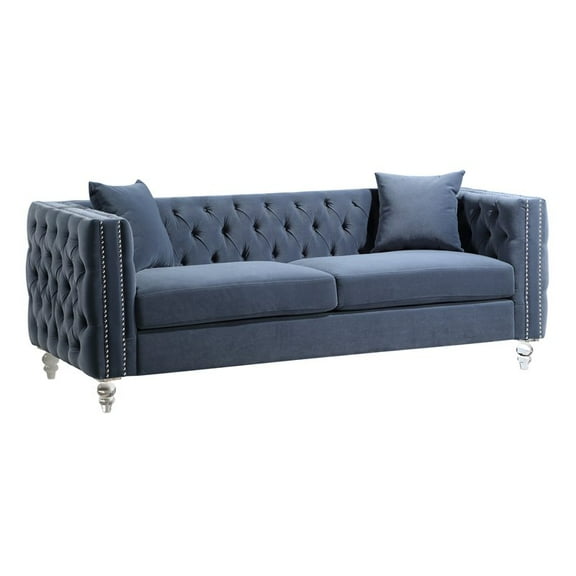 Lexicon Orina Button Tufted Velvet Sofa in Dark Blue