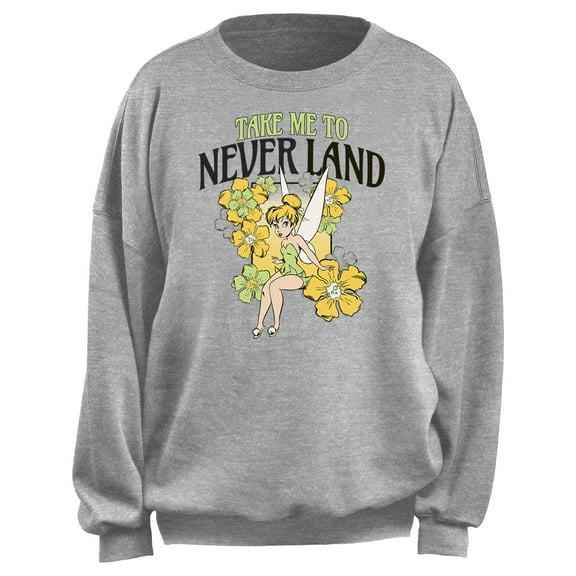 Junior's Peter Pan Take Me to Never Land Floral  Sweatshirt Heather Gray Medium