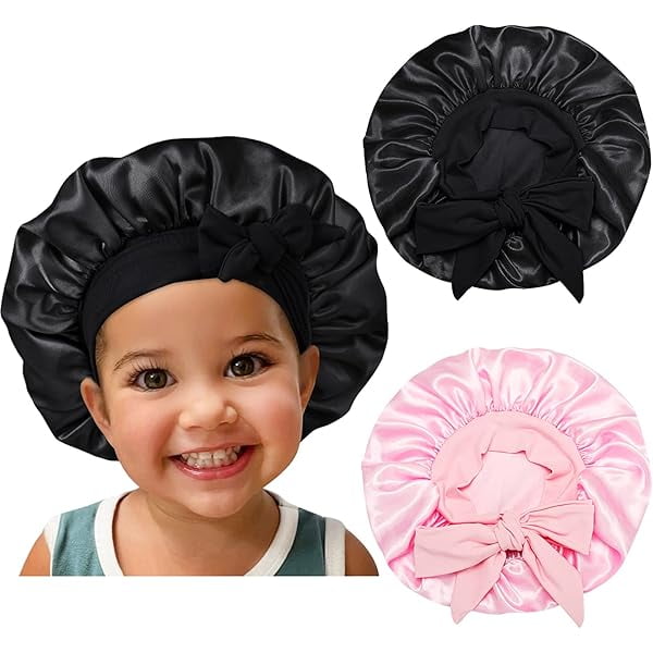 wonima11 Satin Silk Bonnet Hair Cap: 2pcs Bonnets For Kids with Elastic Tie Band Adjustable Straps for Sleeping Sleep Comfortable - Stretchy Tie Band Hair Bonnets No Slip-Off (Black+Pink-K)
