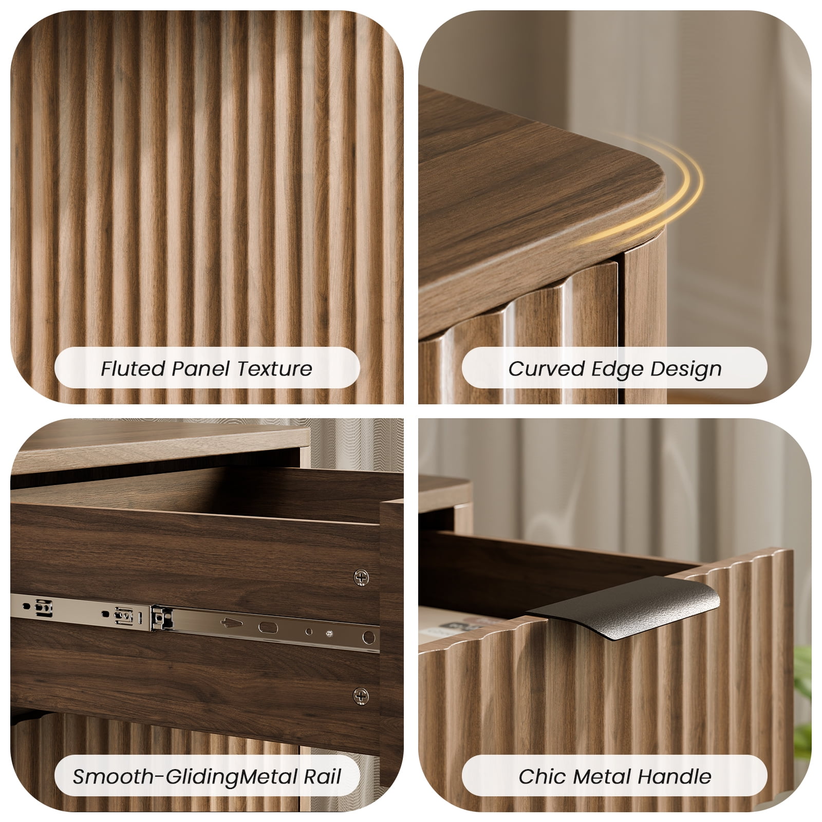 60" Fluted Executive Desk with Storage Modern Home Office Desk with Charging Station Wood Work Desk for Office, Bedroom, Study, Living Room, Walnut