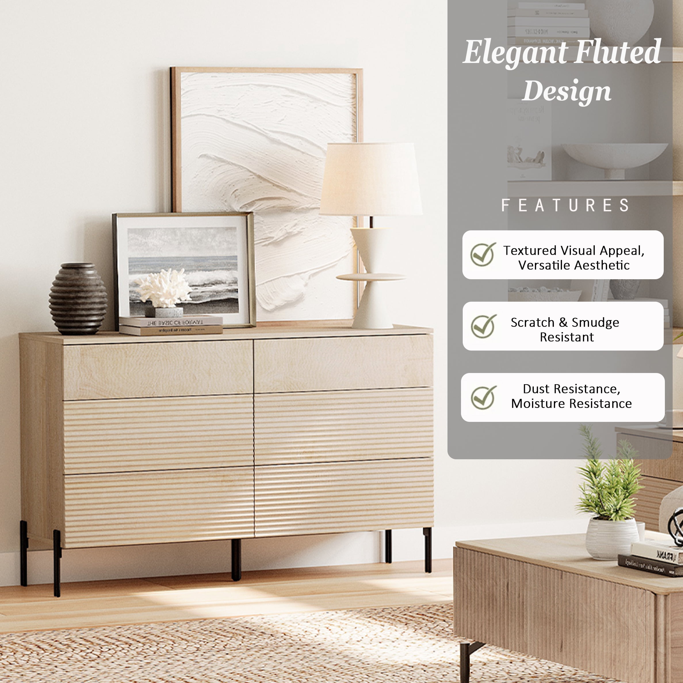 Minimalist 6-Drawer 47.2" W Rectangular Dresser With Reeded Details And Double-Stick Leg Design