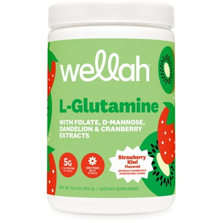 Wellah L-Glutamine Strawberry Kiwi Powder (50 Servings) - 5g L-Glutamine Per Serving, Sweetened with Stevia