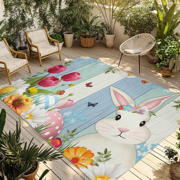 Easter Bunny Outdoor Rug for Patio/Deck/Porch, Non-Slip Large Area Rug 5 x 8 Ft, Spring Watercolor Eggs Flower Wood Grain Indoor Outdoor Rugs Washable Area Rugs, Reversible Camping Rug Carpet Runner