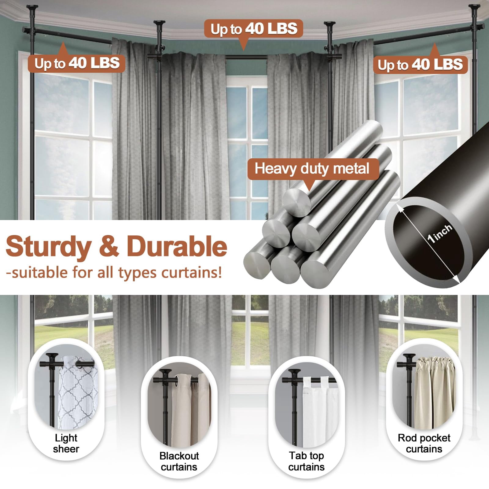 LCOKEIY Room Divider No Drilling Curtain Rods for Windows, 4-10ft(H) 28-171inch(W) Adjustable, Heavy Duty Curtain Rods Tension Rod Space Separator Ceiling Mounted, Black