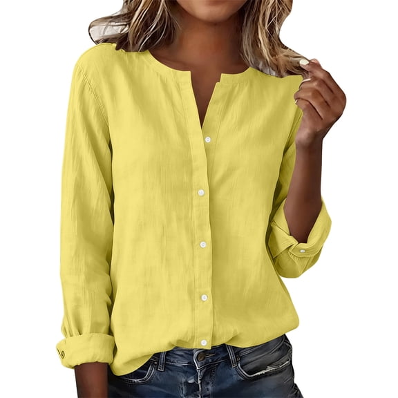 Luriav Tops for Women Lightweight Rolled Sleeve T Shirts Button Down Henley Shirts Loose Casual Clothes for Daily Wear(Yellow,X-Large)