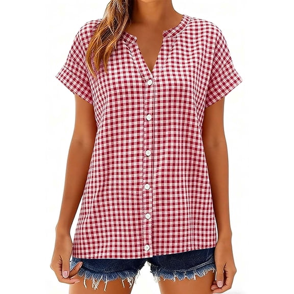 Linen Blouse for Women V Neck Short Sleeve Casual Loose Fit Gingham Plaid Pattern Lightweight Comfortable Fashion Summer Tops