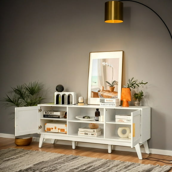 GVN TV Stand Entertainment Media Console with 2 Rattan Cabinets and Open Shelves-White