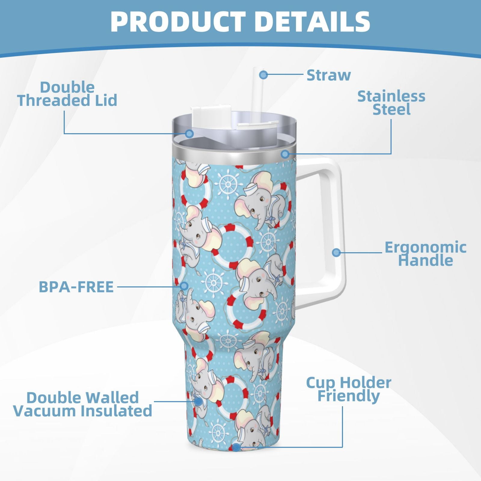 Gukieu Baby Elephant Print 40OZ Ice Cup, Stainless Steel Vacuum Kettle with Handle Suitable for Hot and Cold Drinks, Travel, Fitness