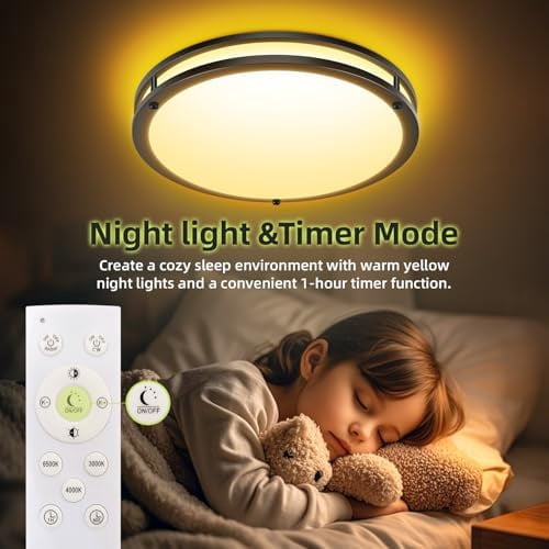 Hepside Flush Mount LED Ceiling Light with Remote, Dimmable 3000K-6500K Adjustable Ceiling Light Fixture, Timer, Night Light, 10 inch Black Ceiling Lamps for Kitchen Bathroom Bedroom Hallway, Black