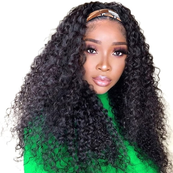 Headband Wig Human Hair Deep Wave Wigs 24 inch Brazilian Human Hair Headband Wigs for Black Women Glueless Non Lace Front Wig Machine Made Curly Deep Wave Headband Wig 150% Density Natural Color