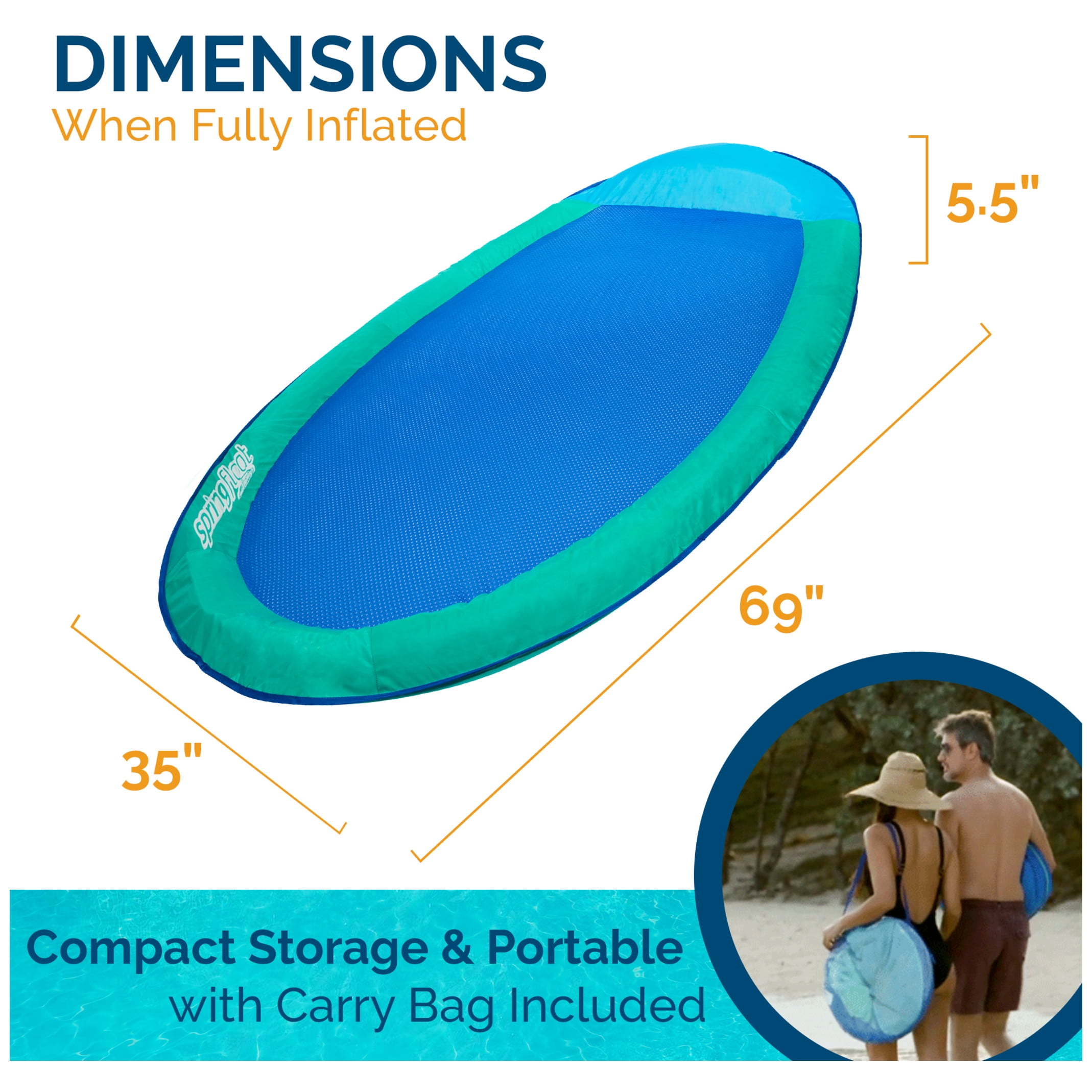 SwimWays Spring Float Inflatable Pool Lounger with Hyper-Flate Valve, Aqua