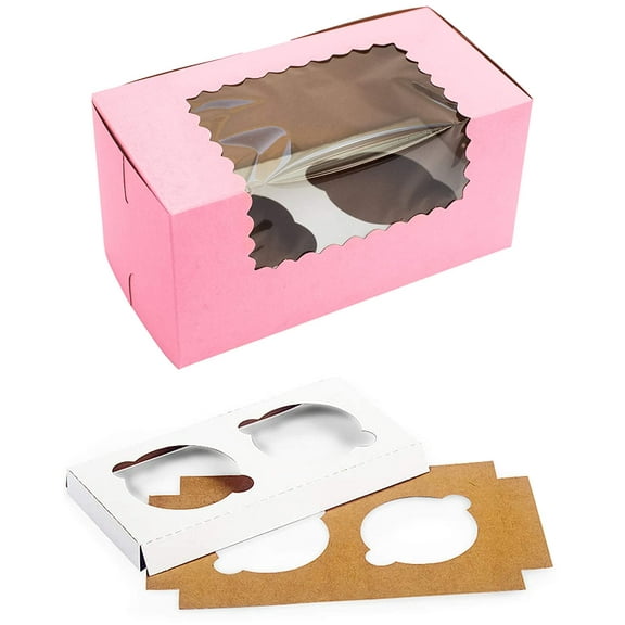 Made in USA 8" X 4" X 4" Recycled Pink Kraft Double Cupcake Boxes with Scalloped Window & Inserts (Pack of 10 – Front Loading)