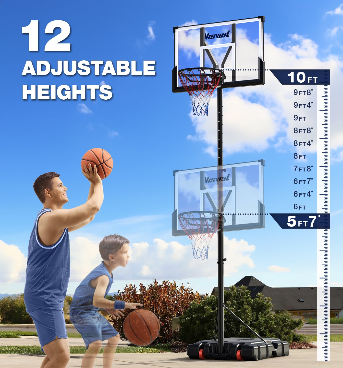 Mastgoal 45" Portable Basketball Hoop, 5.7-10-Ft Height Adjustable, Shatterproof Backboard Basketball Goal for Kids and Adults Outdoor Indoor
