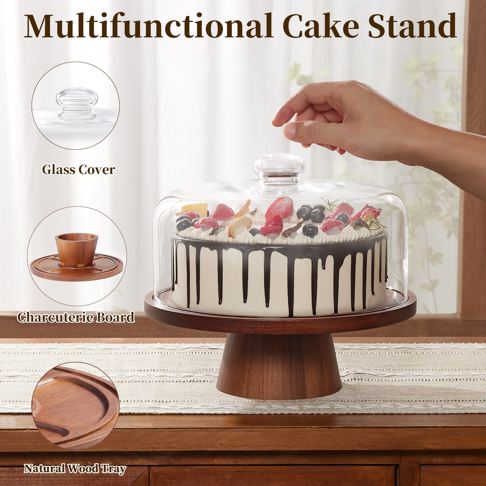 VIVIRBIEN Wood Cake Stand with Dome, 11 Inch, 2-in-1 Design photo 3