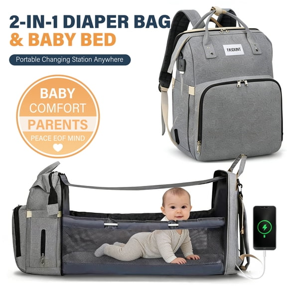 Diaper Bag Backpack with Changing Station, Large Capacity Baby Bag with USB Port, Waterproof Travel Diaper Backpack with Stroller Straps (Gray)