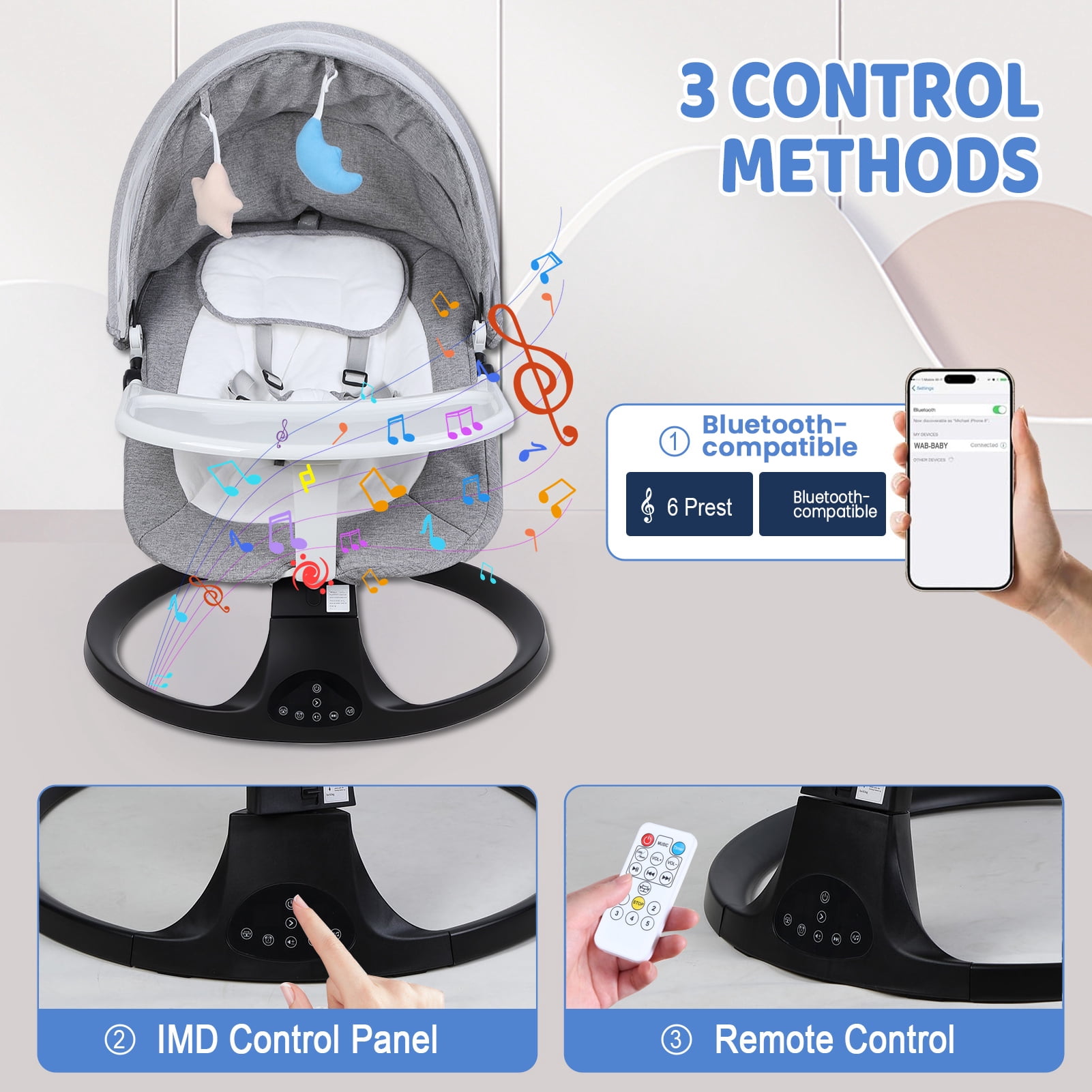 Happydeer Rocking Stool, Electric Rocking Chair with Intelligent Induction System and Safety Harness, Remote Control Bluetooth-compatible Adjustable Backrest and Timer