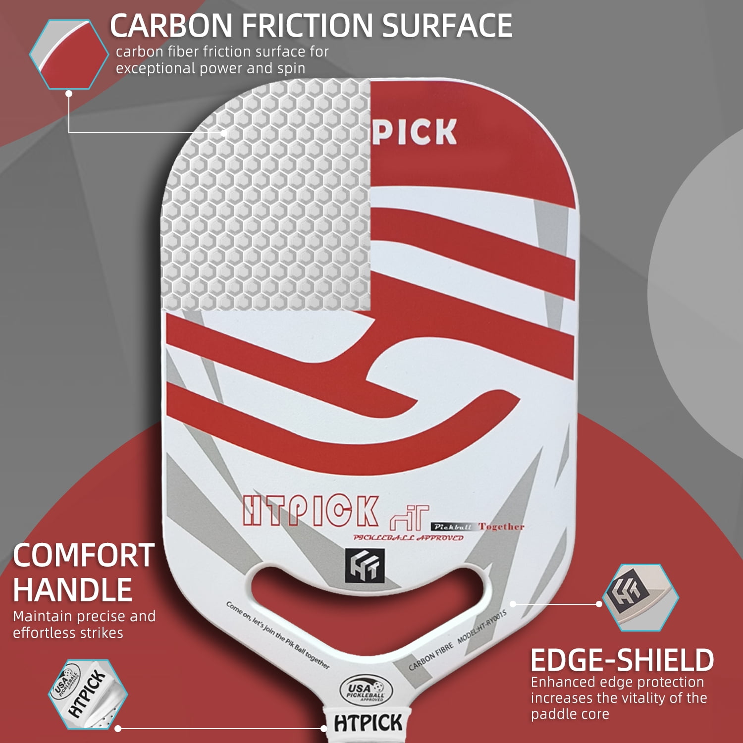 HTPICK Thermoformed Pickleball Paddle - T700 Carbon Fiber Surface, 16mm Polypropylene Honeycomb Core, USAPA Approved for Professional & Recreational Play