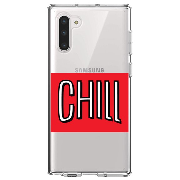 DistinctInk Clear Shockproof Hybrid Case for Samsung Galaxy Note 10 (6.3" Screen) - TPU Bumper, Acrylic Back, Tempered Glass Screen Protector - CHILL with red background