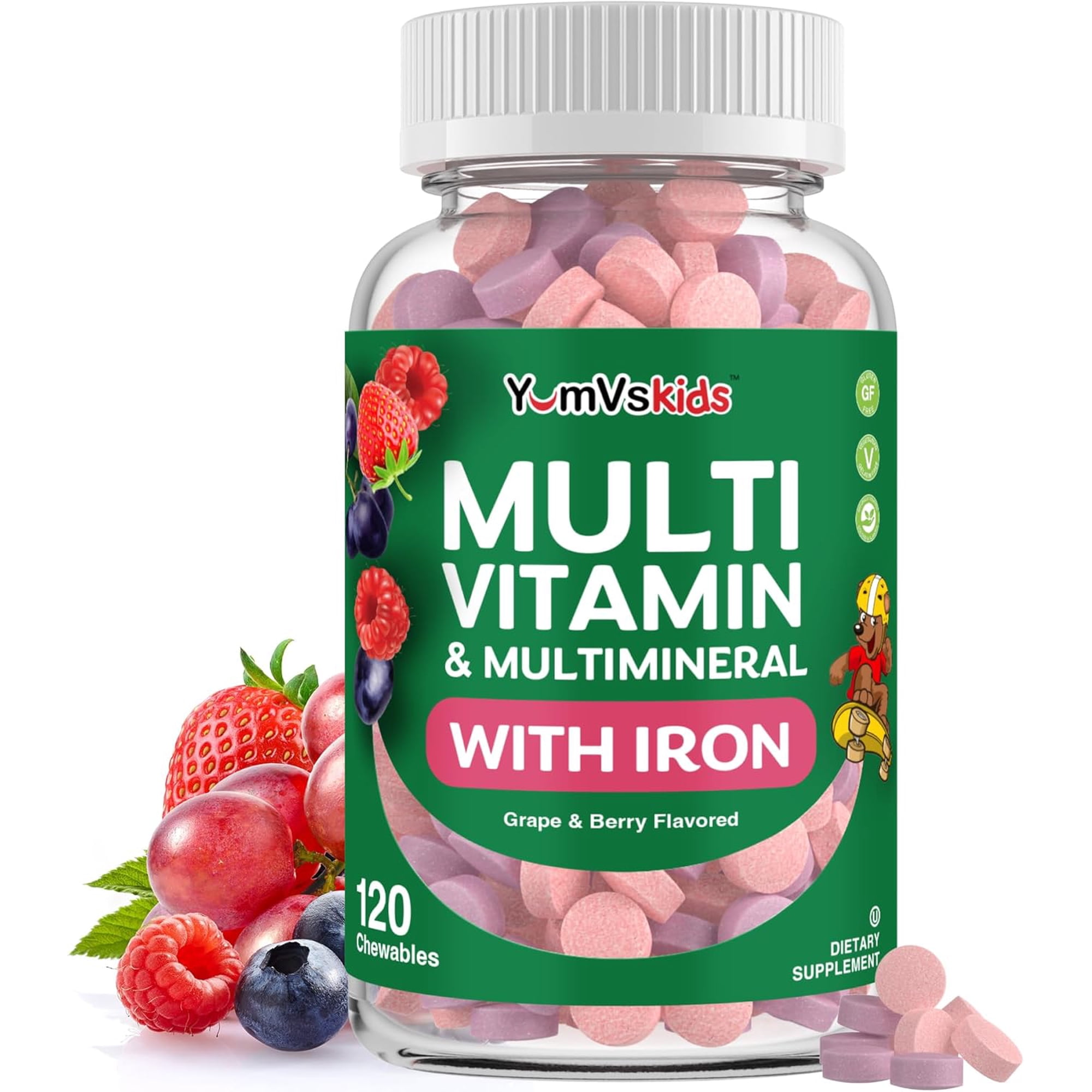 YUM-V’s Kids Multivitamins & Multimineral Chewable Tablets with Iron, Grape & Berry Flavor, 120 Count