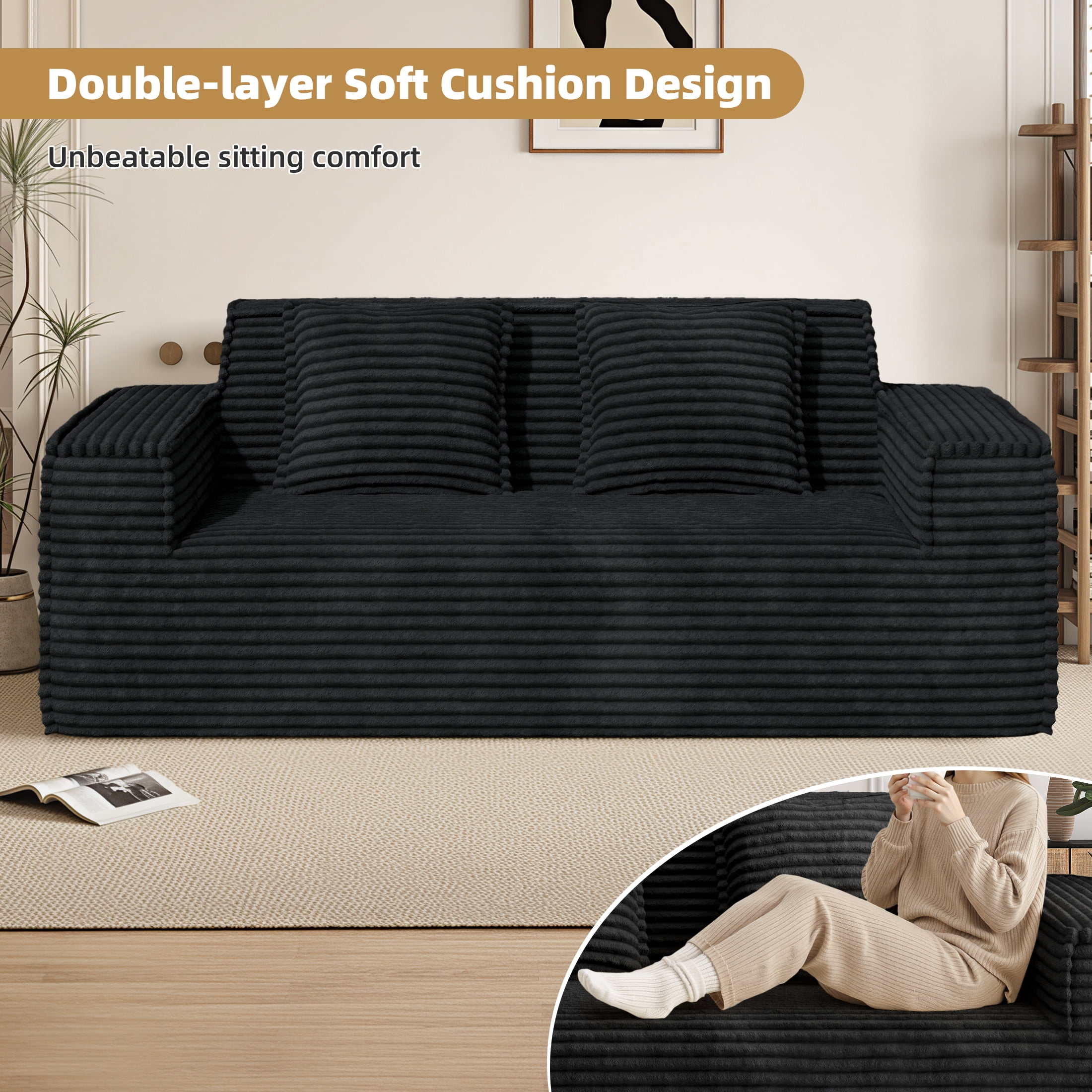 Hawsaiy 75" Corduroy Loveseat Sofa for Small Spaces, Wide Armrests, Removable Pillows, Vacuum-Packed Foam Couch, Black