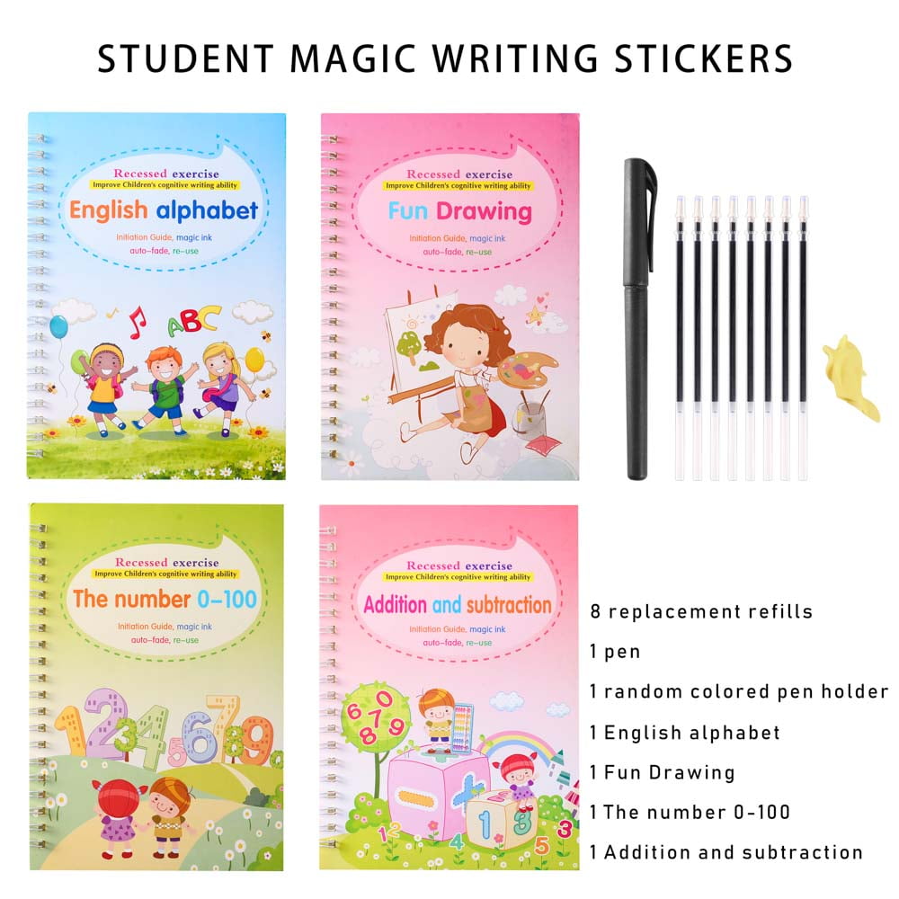 4 Pack Magic Calligraphy Workbook Reused Handwriting Copybook Set Tracing Book for Kids Calligraphic Letter Writing Drawing English Magic Practice Copybook 