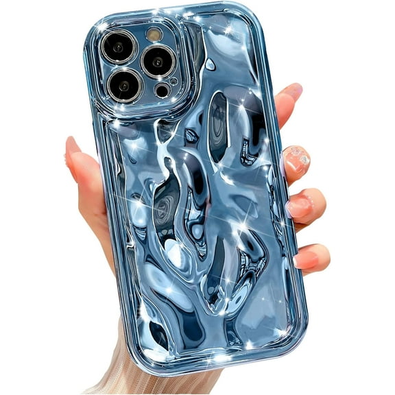 case for iPhone 14 Pro Max Holographic Case, Luxurly Plating Glitter Case, Bling 3D Water Ripple Wave Pattern,Soft Silicone Shockproof Camera Protective Phone case for Women Girls, Blue