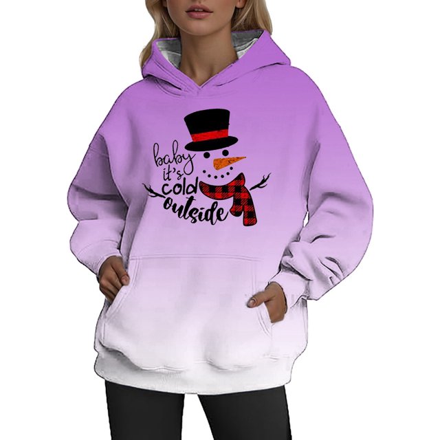 WEAIXIMIUNG Sweatshirts Col Rond Femmes Designs Mignons Sweatshirts de Noël Dégradé Imprimé Lettres Décontracté Ample Col Rond à Capuche Manches Longues
