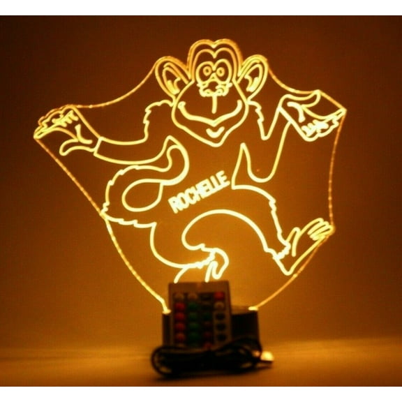 Dancing Playful Monkey Face Animal Night Light Up Table Desk Lamp LED Personalized Name Room Home Decor,  With Remote, 16 Color Options, Dimmer, Free Engraved, Great Gift