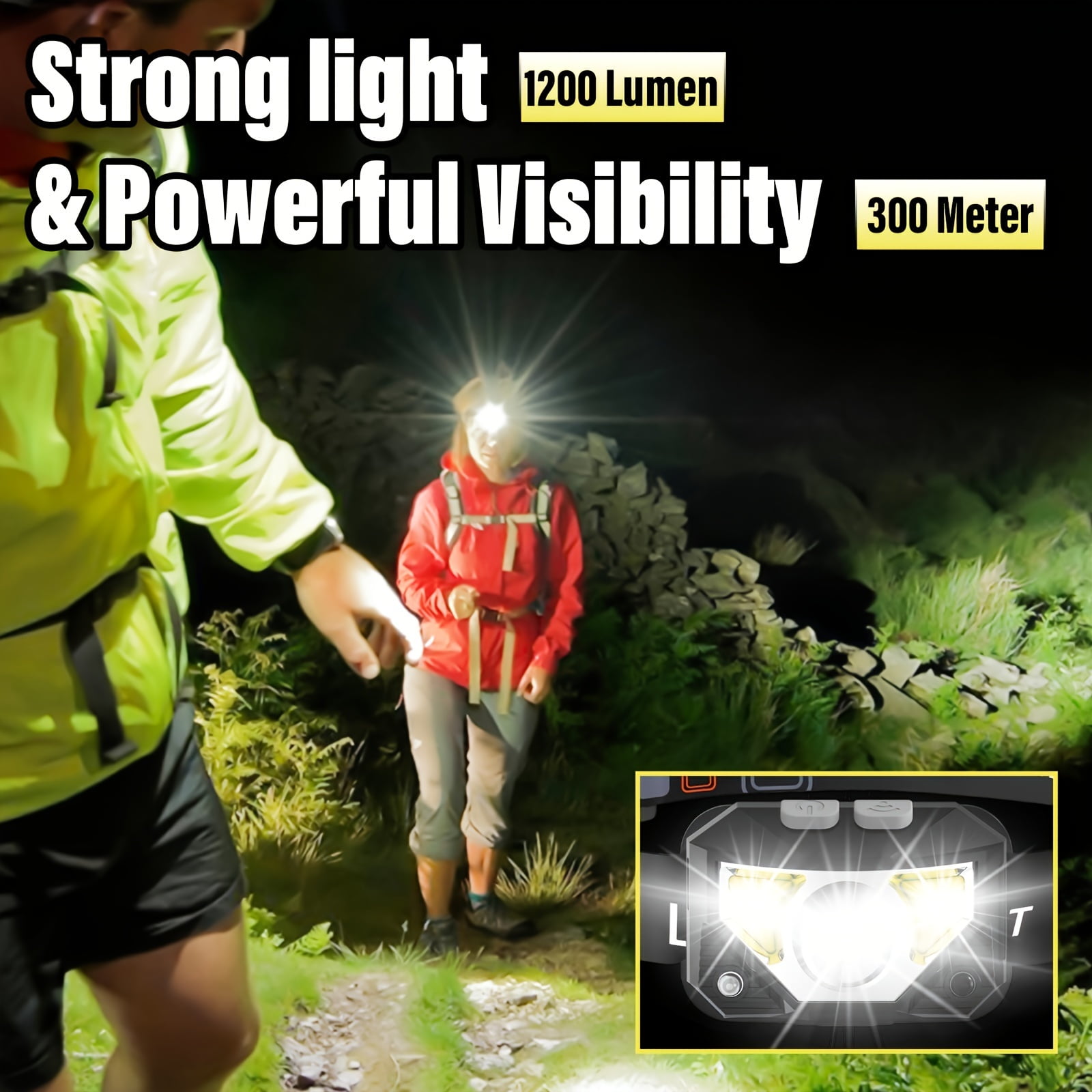 Rechargeable 1200LM LED Headlamp with Red Light, 8 Modes for Camping, Hiking, Cycling, Fishing, Car Repair, Emergency, Gift for Men