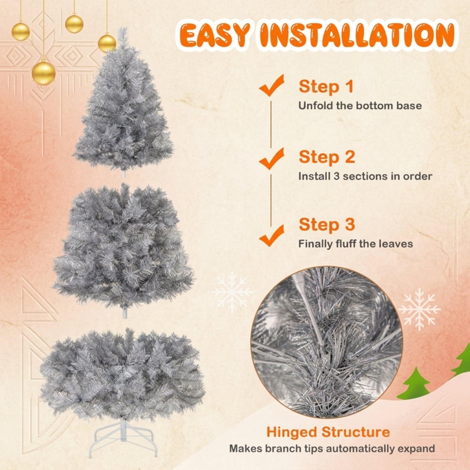 RUIE 6 ft Silver Tinsel Christmas Tree, Pre-Lit Artificial Xmas Tree with 230 LED Lights and 553 Branch Tips, Metallic Holiday Tree