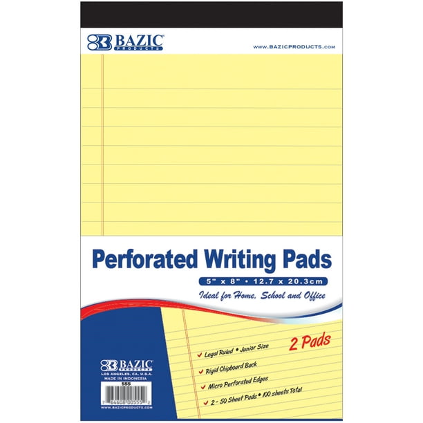 BAZIC Perforated Writing Pad, 50 Sheets 5x8 Inch, Canary Jr. Lined