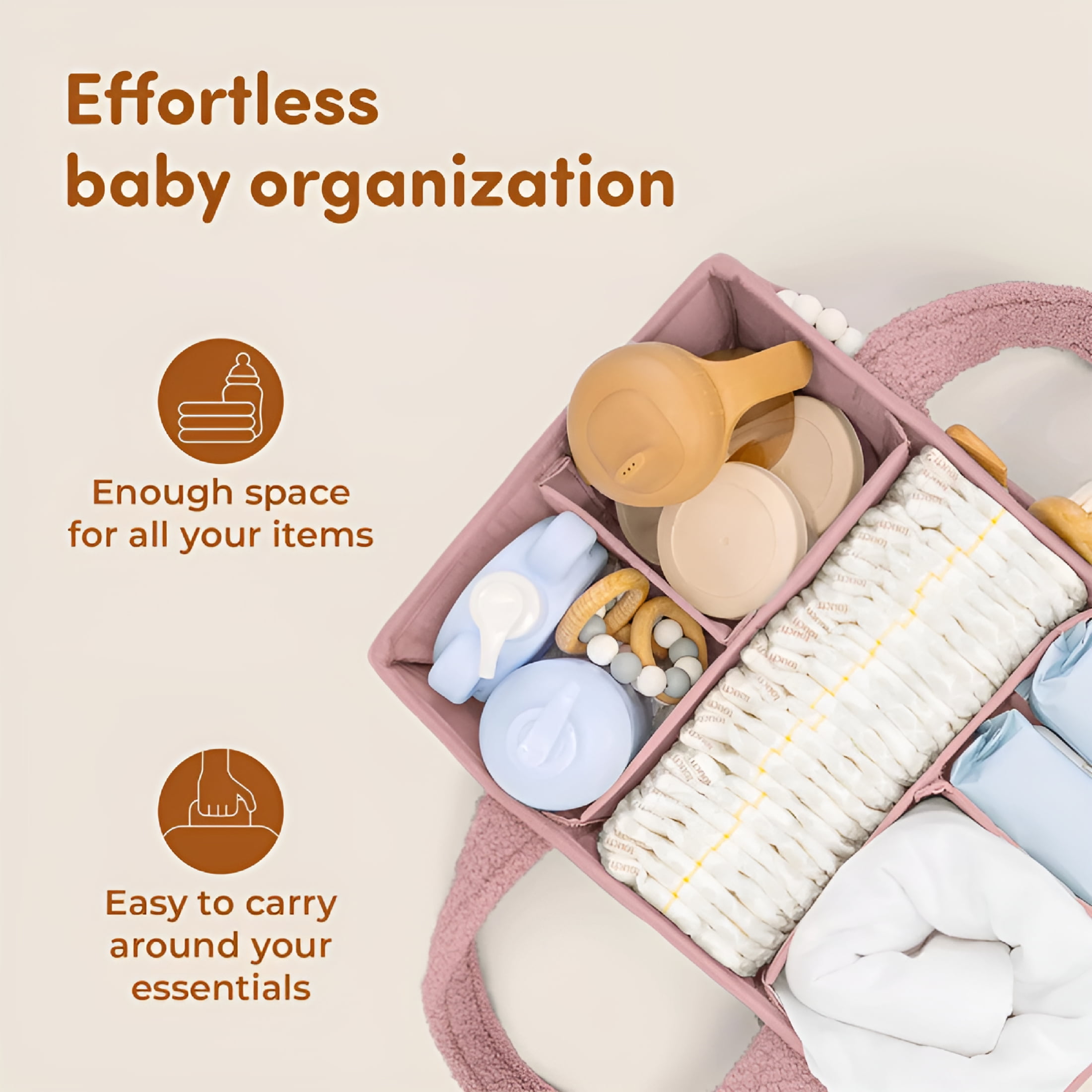 XIBUFE 2026 New Baby Diaper Caddy Organizer with Handle-Portable Soft Sherpa Nursery Basket Bag-Great for Car and Home-Pink