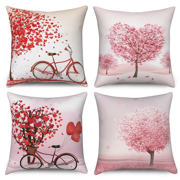 Valentine's Day Pillow Cover 16x16 Set of 4,Red Love Heart Tree Bicycles Pillow Cases Couch Cushion for Bedroom Home Decor