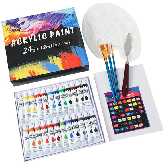 pitrice 24 Color Acrylic Paint Set with 24 Colors Paint Tubes 3 Paintbrushes 1 Palette for Canvas Fabric Wood Ceramic for Kids Beginners Artists