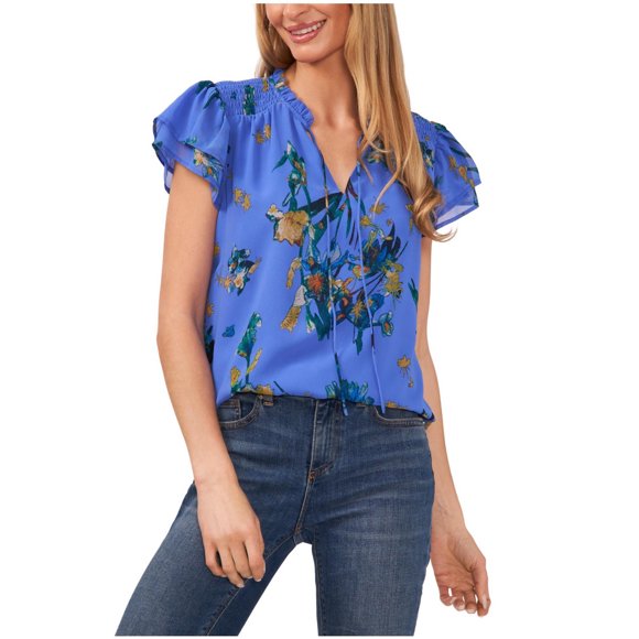 CeCe Womens Tie Neck Tier Flutter Ruffled Blouse, turqaqua, XL