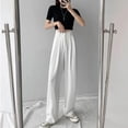thumbnail image 1 of Pantalones de traje blancos para mujer, pantalones holgados rectos de verano, ajustados, de talla grande, con cintura alta, drapeados, informales, con fregado hasta el suelo, pantalones de pierna, 1 of 5