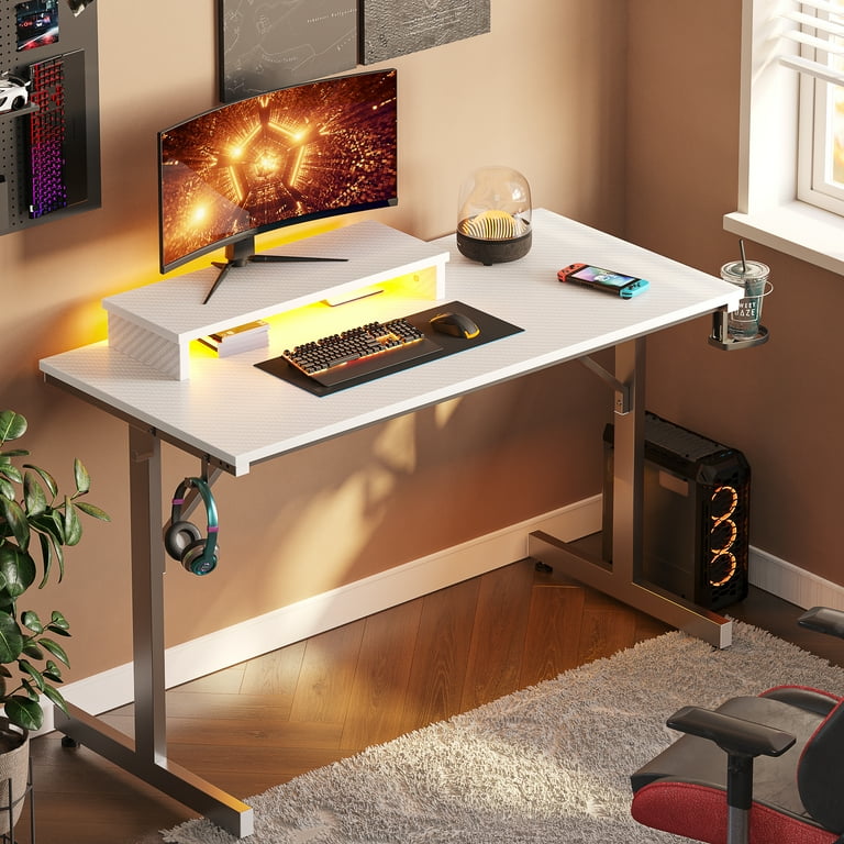 Bestier 42 inch LED Gaming Desk with Monitor Stand PC Computer Gamer Home Office Table in White