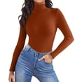 thumbnail image 3 of Women Turtleneck Shirt Long Sleeve Layer Tops Basic Ribbed Tees Soft Stretch Thermal Undershirts Lightweight Blouse，Light Brown L, 3 of 7