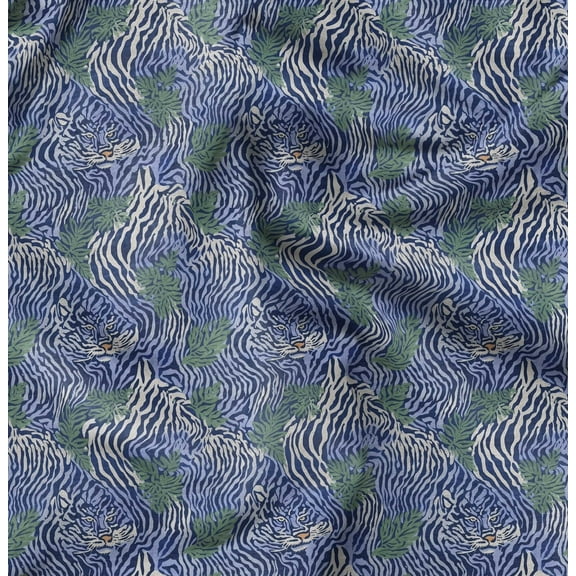 Soimoi Pure Silk Blue Fabric By the Yard - 42 Inch Wide - Tiger Animal Skin Fabric - Fierce and Exotic Textile for Fashion and Home Printed Fabric