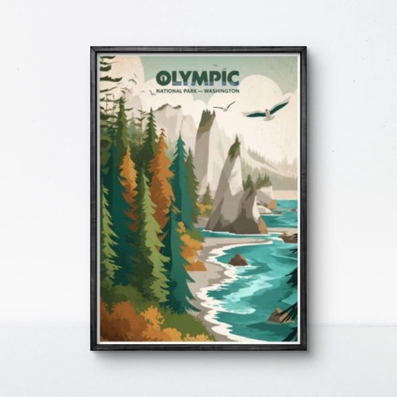 369 Prints olympic National Park Poster Washington Wall Art Coastal Forest Print Us National Park Print Vintage Travel Art Seaside Decor, Poster Only