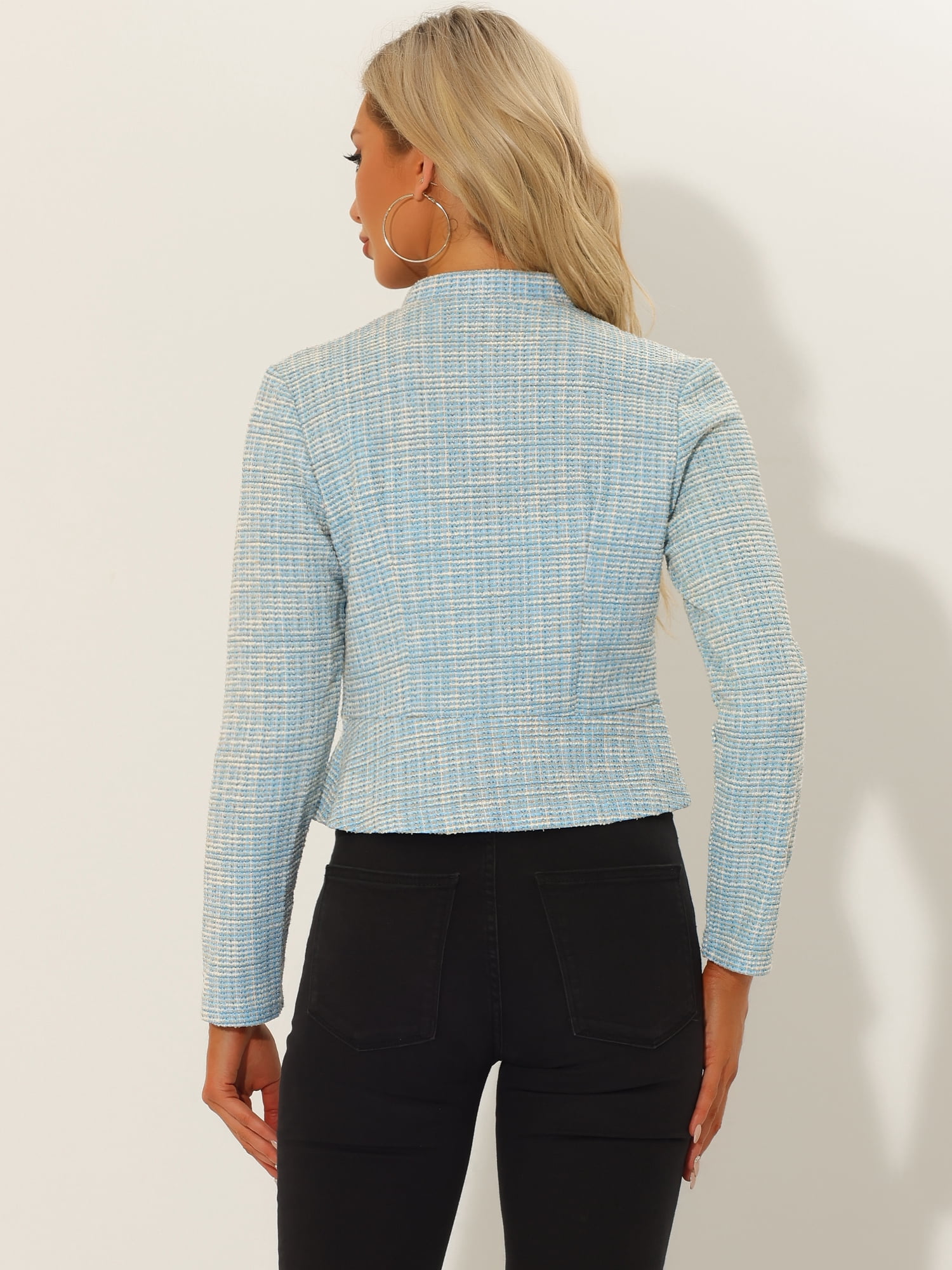 DARING DIVA Women's Elegant Stand Collar Business Plaid Tweed Blazer L Light Blue