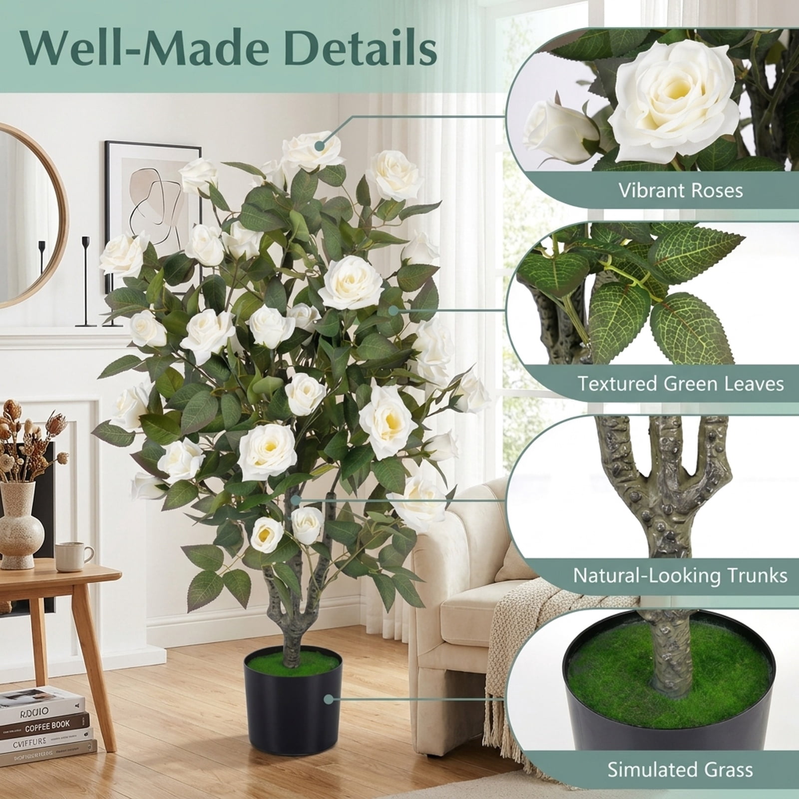 Vebreda Artificial Plant Decor, 35.5" Artificial Rose Tree with Blooming Flowers and Green Leaves for Indoor, Beautiful & Lifelike Rose Tree