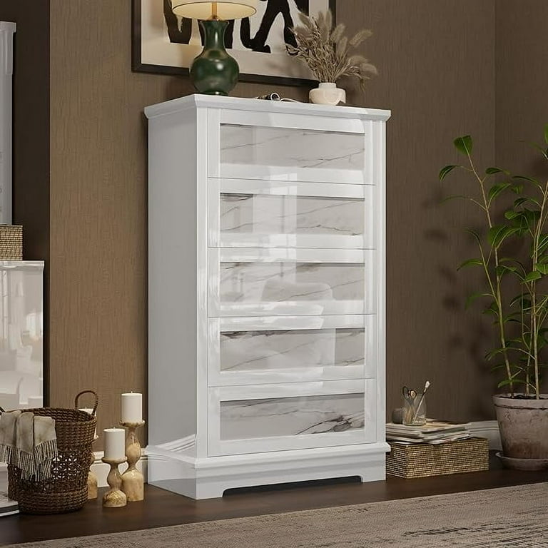 Merluxy Luxury 49.2" H High-Gloss 5 Drawer Dresser, Natural Marble Chest of  Drawers No Handles for Bedroom, Living Room, Modern, White - Walmart.com