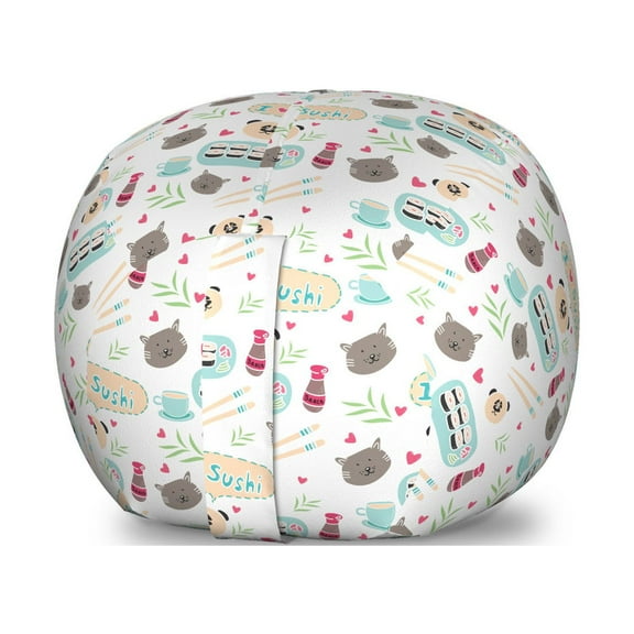 Japanese Cat Storage Toy Bag Chair, Sushi Love Typography with Doodle Panda, Stuffed Animal Organizer Washable Bag, Small Size, Champagne Taupe Grey, by Ambesonne