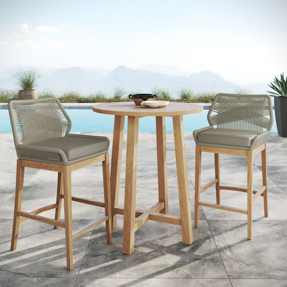 Modway Wellspring 3-Piece Outdoor Patio Teak Wood Bar Set in Light Gray Greige