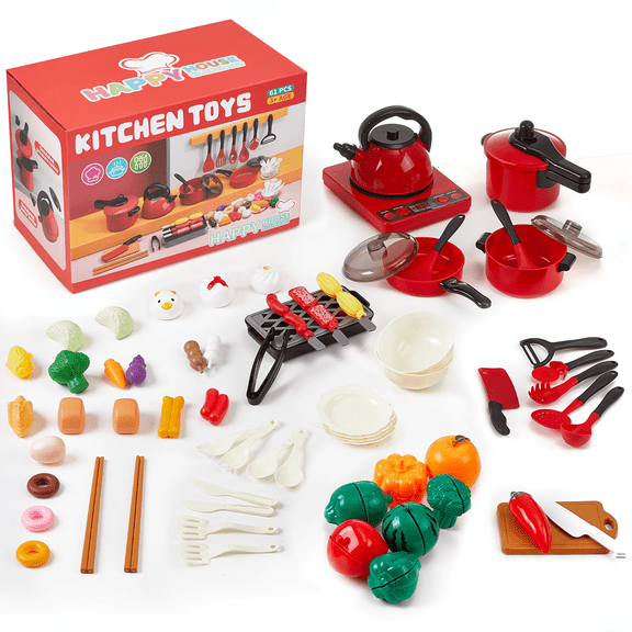 61PCS Play Food Set for Kids , Pretend Kitchen Play Cooking Toy with Cutting Toy Food, Pot & Pan Set, Toddler Learning Education Kitchen Toys, Play Fake Food Gifts for Girls Boys Ages 3 