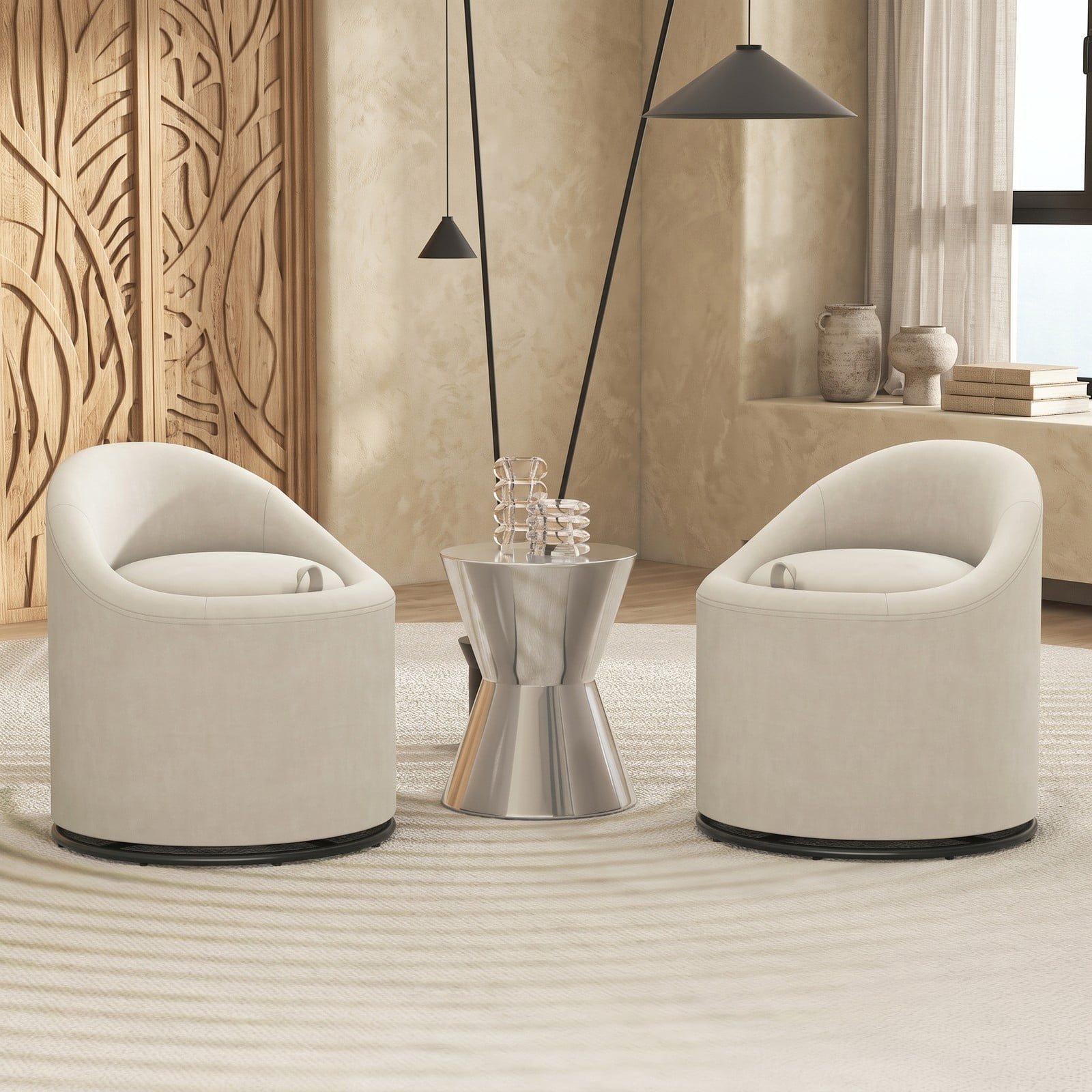 Furnibear Barrel Accent Chair with Hidden Storage, 360 Degree Swivel Upholstered Velvet Vanity Chair, Curved Back, Sturdy Metal Base, No Assembly Needed, for, Beige